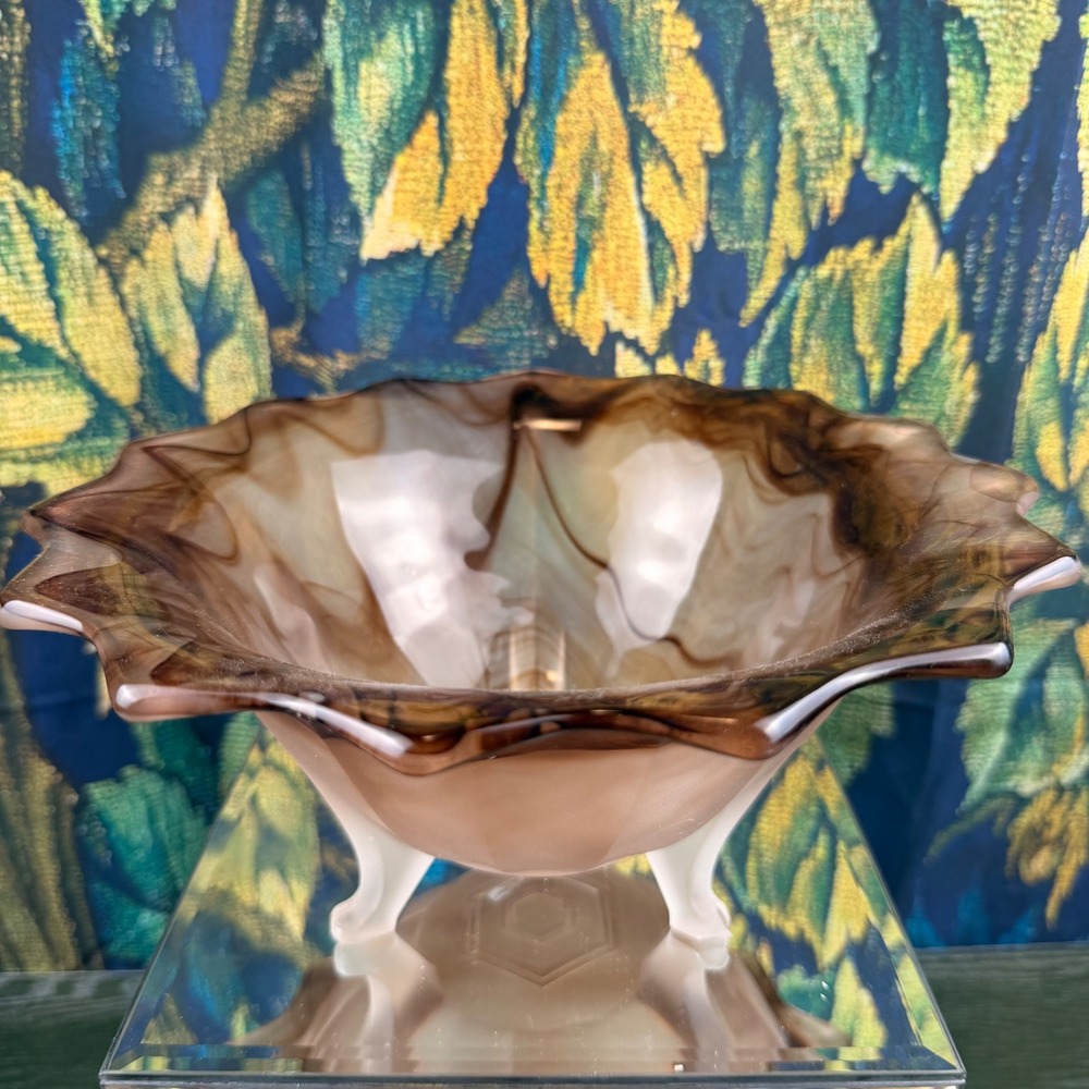 Vintage Slag Glass Tripod Bowl Brown Cream Marbled Scalloped Ruffle Rim 8.5 Inch